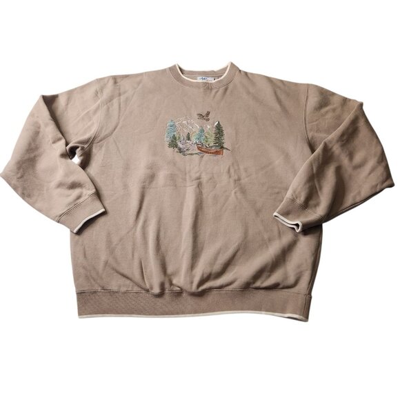 Vintage Embroidery Graphic Nature Fishing Fall Pullover Sweatshirt Tan Size XL - Picture 3 of 8